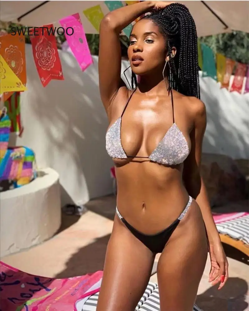 European and American Sexy Bright Solid Color Patchwork Split Bikini Swimsuit Seaside Holiday Swimwear