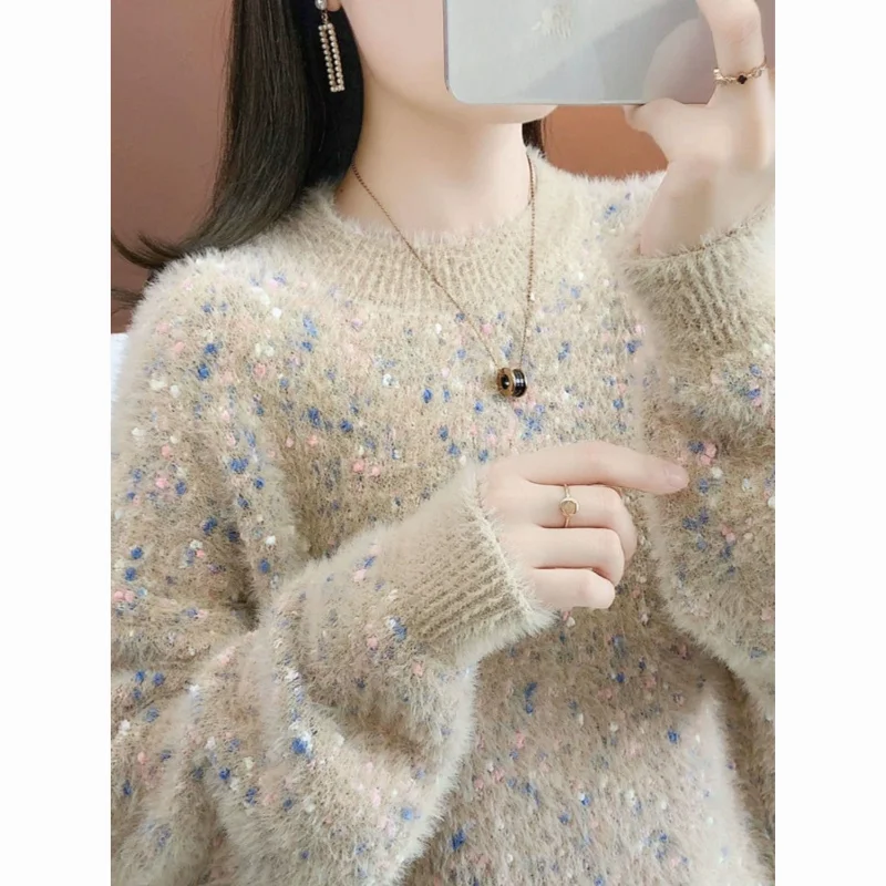 

Бархатный свитер из норки с цветочным принтом, женский новый корейский ленивый стиль с длинными рукавами, нижняя рубашка, верхний топ