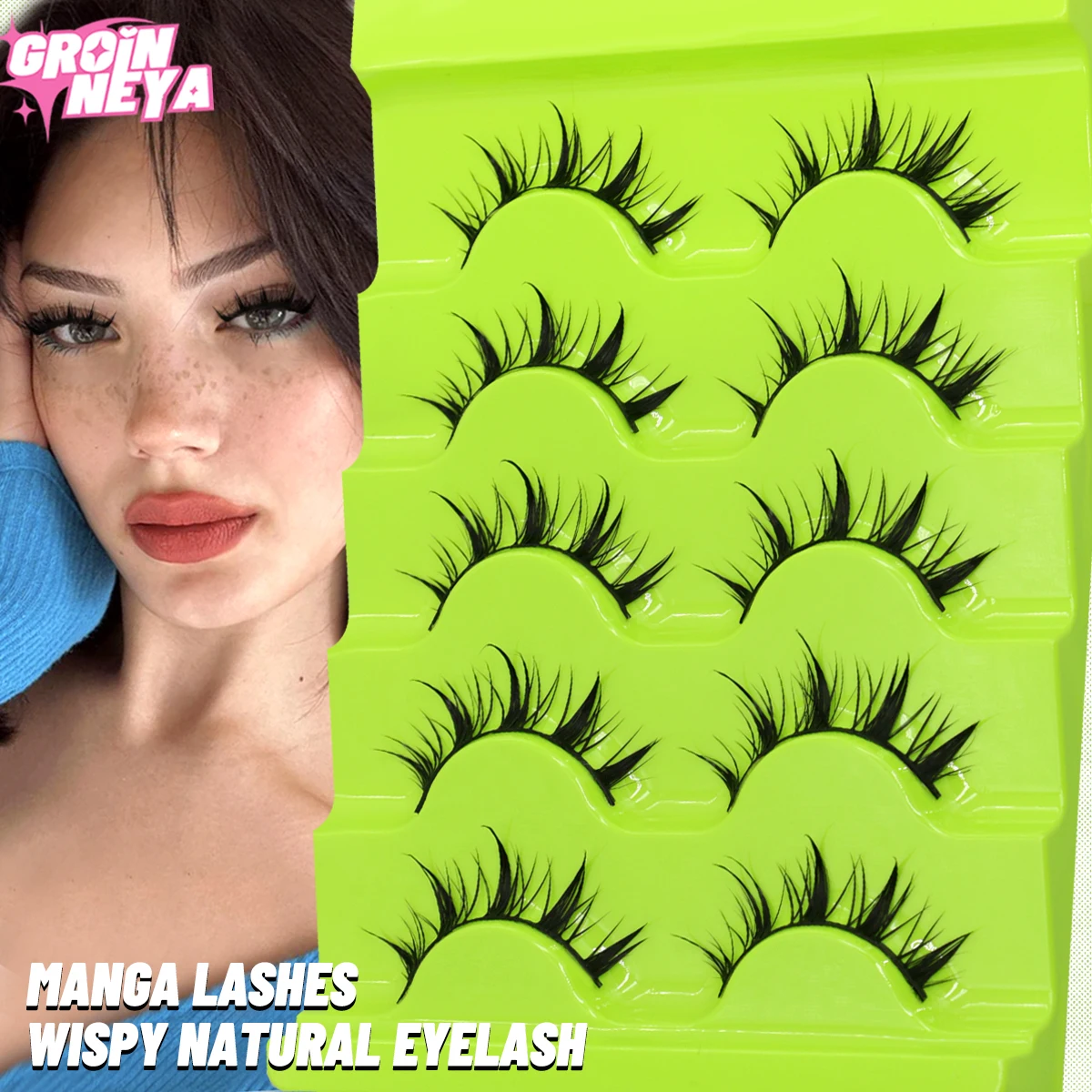 GROINNEYA 5 Pairs Manga Lashes 3D Natural False Lashes Soft Cross Wispy Eyelashes Natural 3d Faux Mink Lashes Extension