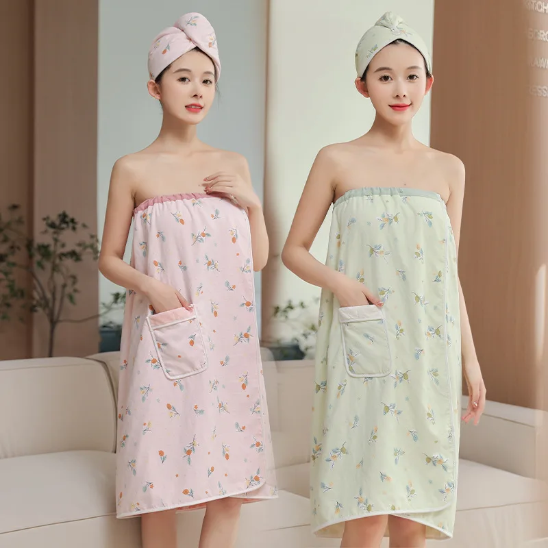 2PCS Wearable Microfiber Home Bathroom Bathrobe Lady Shower Women Soft Bathtowel Adult Sauna Towel Bath Skirt Dry Hair Cap Set