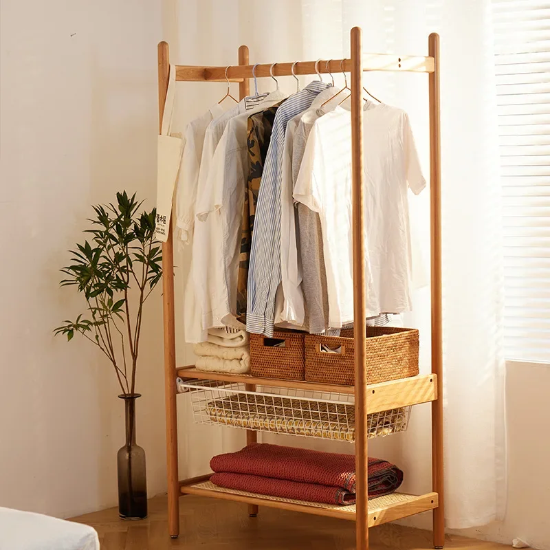 

Nordic solid wood clothes rack, woven with rattan, floor to ceiling, full of clothes and hats rack, bedroom multifunctional smal