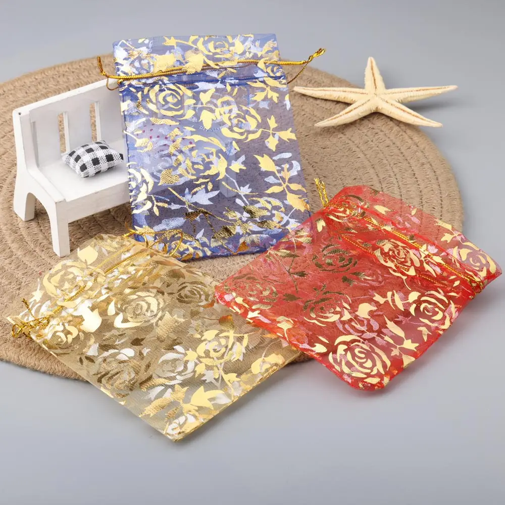 50pcs/lot Jewelry Bag Organza Gift Bag Hot Gold Color Rose Print Gifts Pouches Wedding Christmas Party Candy Jewelry Packing view 6