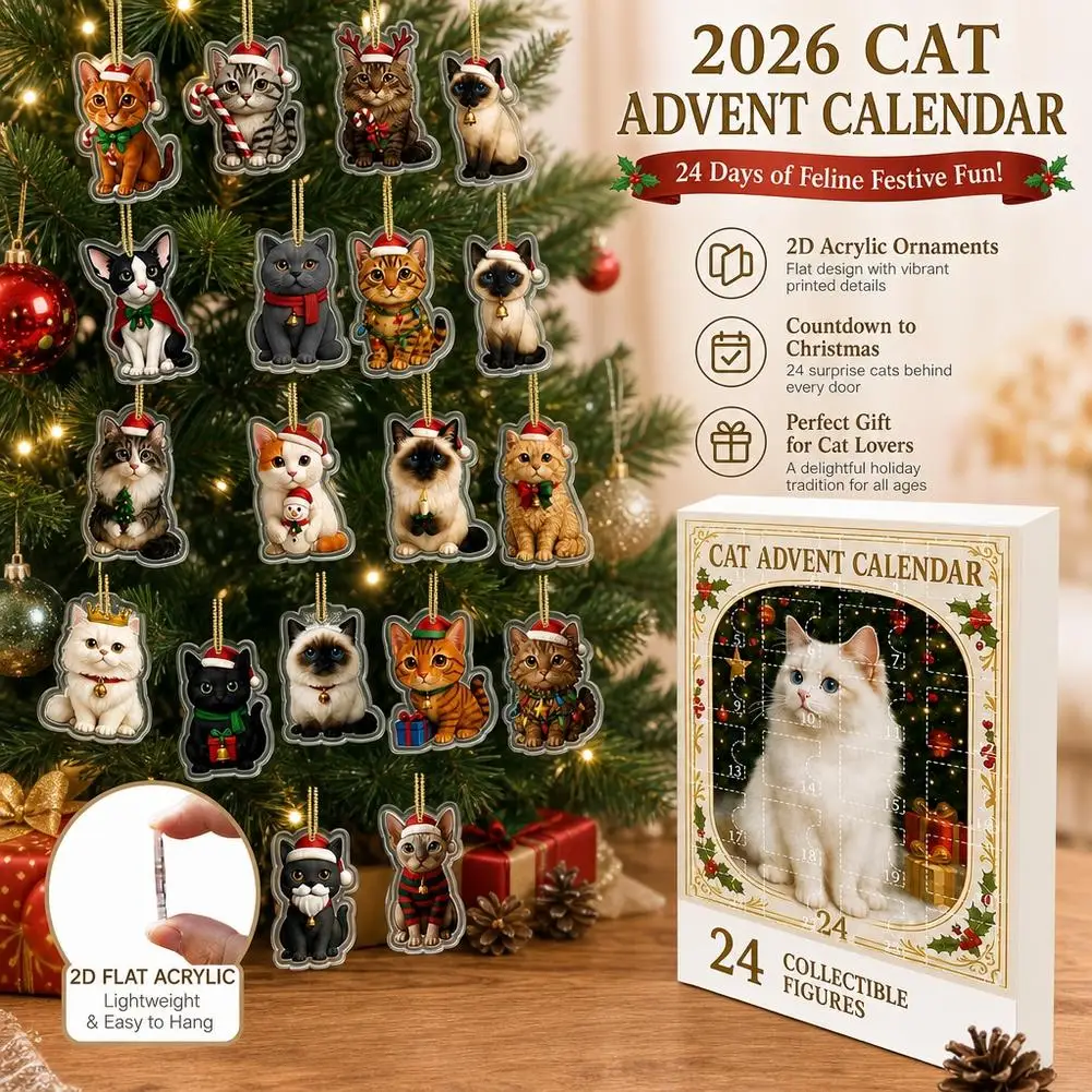 Cat Lovers Advent Calendar Christmas Countdown 24 Days 2D Acrylic Kitten Hanging Xmas Tree Ornaments Blind Box Gifts Decor