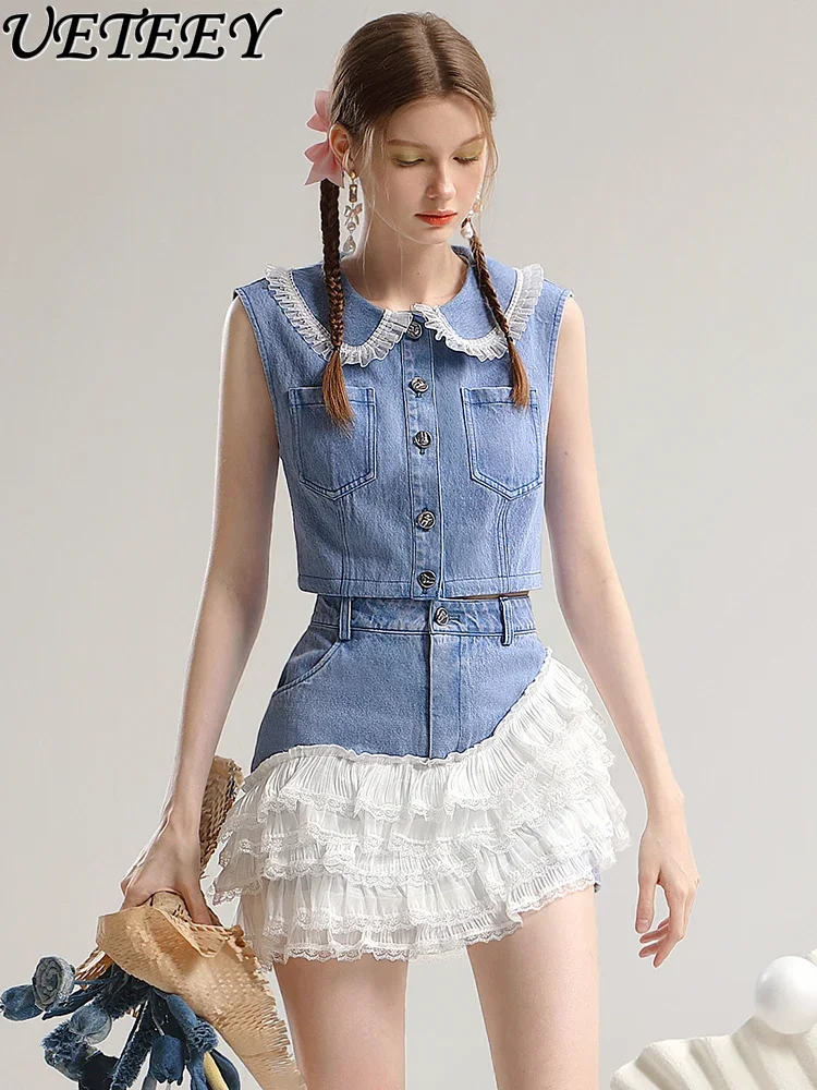 Designer Model Cute Doll Collar Sweet Leisure Denim Skirts Set Women Summer New Sleeveless Short Top Irregular Lace Mini Skirt