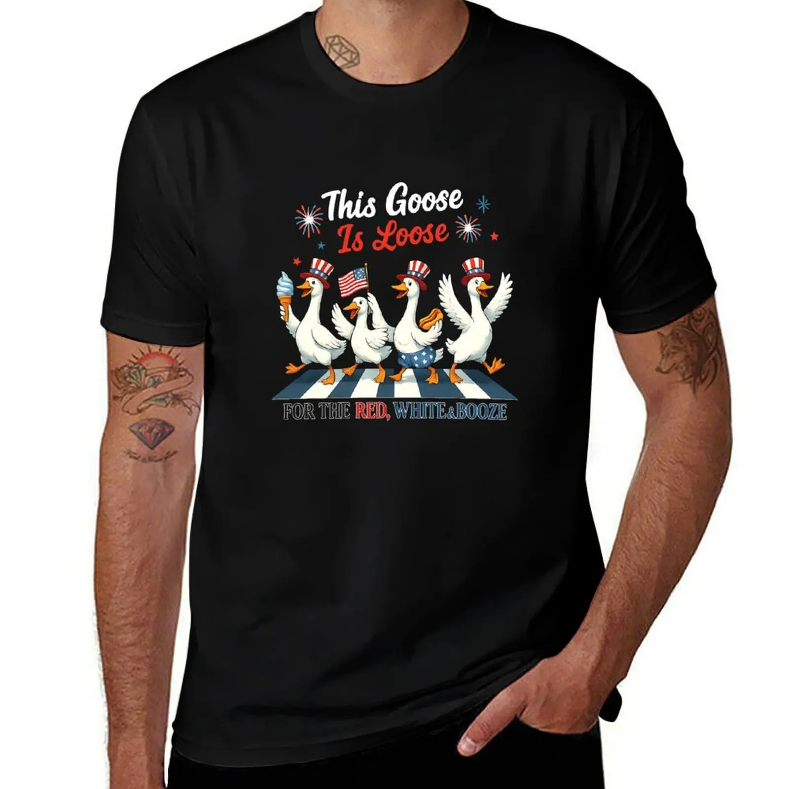 

Funny 4th of July This Goose Is Loose Red White And Booze T-Shirt shirts graphic vintage oversized t shirt funny t shirts men