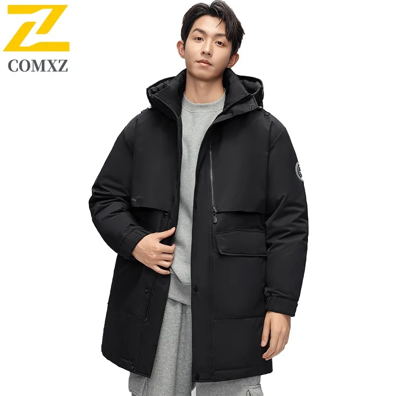 COMXZ 2025 جديد الرجال الشتاء سترة قسط أوزة أسفل معطف مملوء في الهواء الطلق الكورية نمط يندبروف الباردة برهان سترة طويلة أسفل