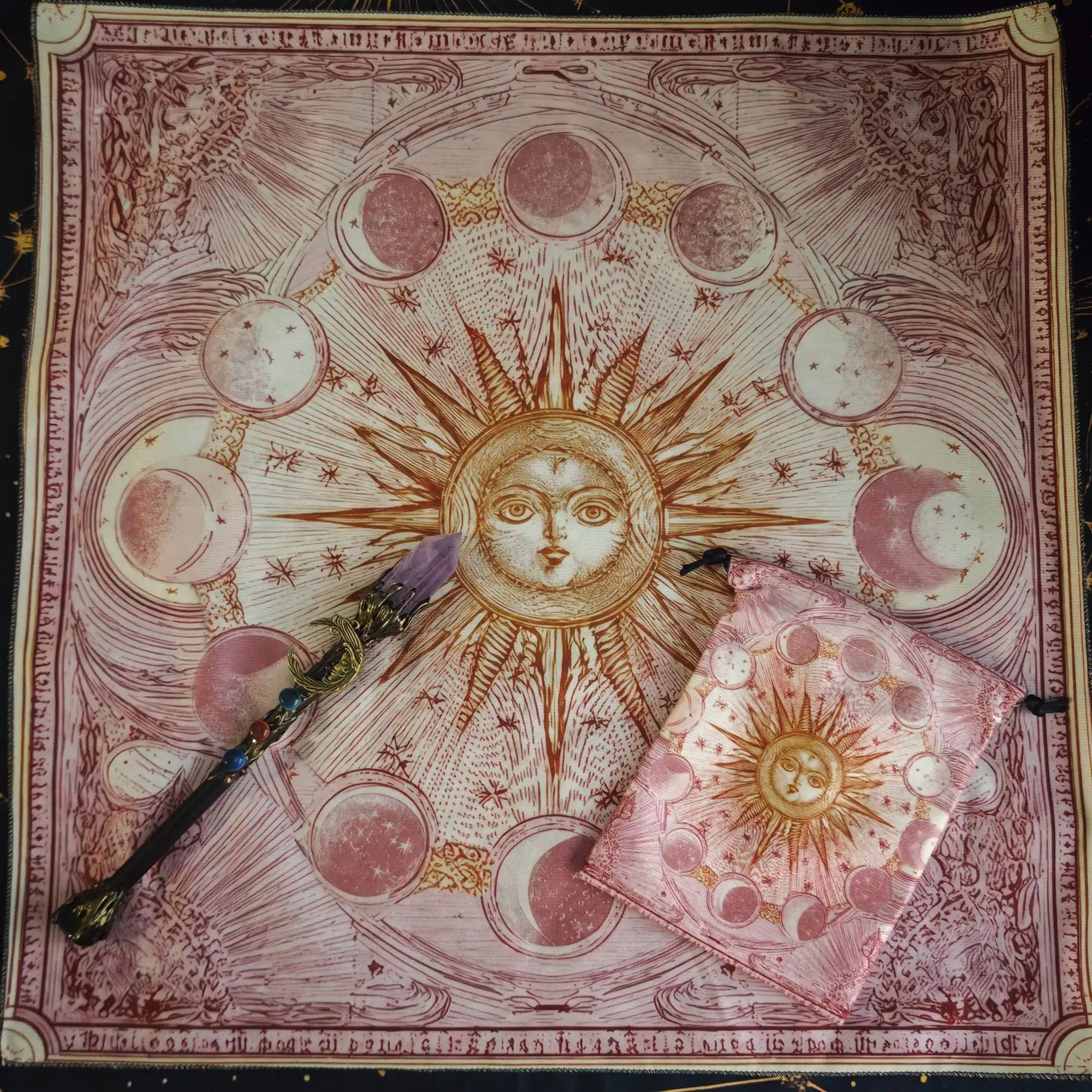 Tarot Altar Cloth with Pouch Witch Divination Moon Phase Pentagram Sun Witchcraft Tablecloth Wiccan Astrological Tapestry Set
