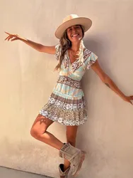 Bohemian Print Ruffles Mini Dresses Women Sexy V-neck Backless Leace-up Flying Sleeves Vacation Dress Fashion Lady Vestidos New