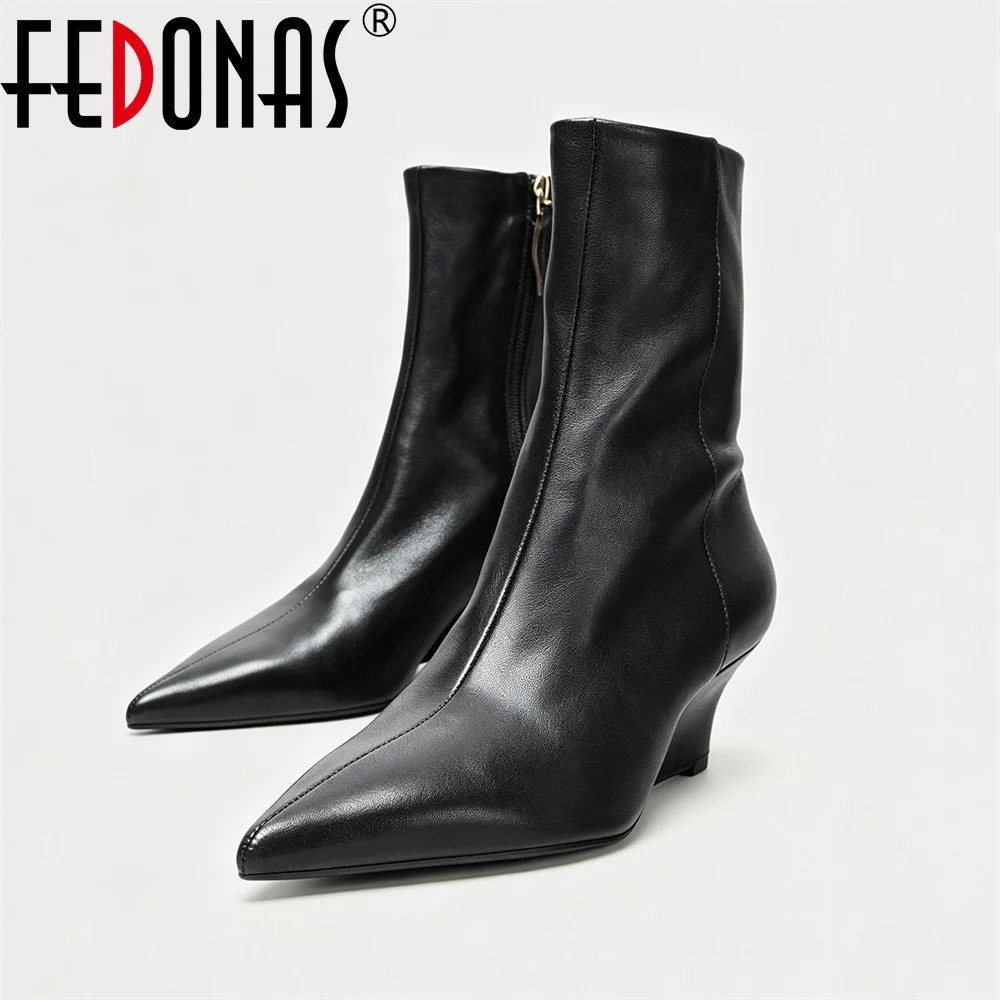 Women's Genuine Leather Pointed Toe Wedge Ankle Boots