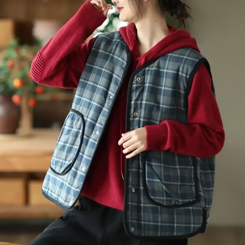 Oversized Women Vintage Plaid Puff Vest Cotton Autumn/Winter Sleeveless Jacket Cardigan New Buttons Cardigan Coats