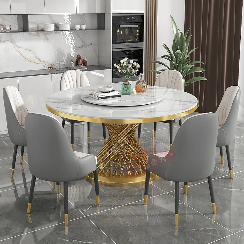 Luxury Gold Dining Table Legs Metal Modern Turntables Dining Tables 8 Chairs Kitchen Restaurant Mesa De Comedor Lounge Furniture