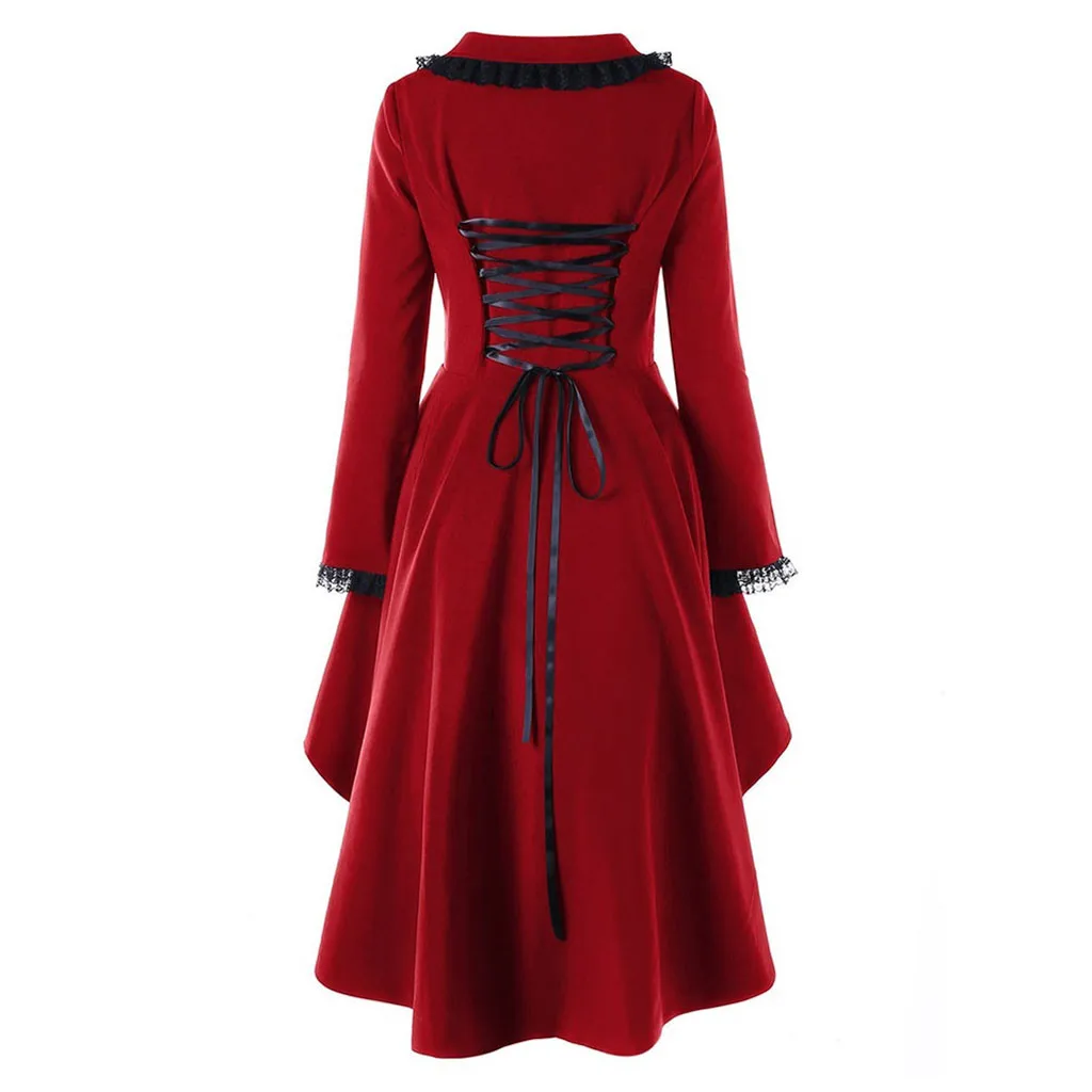 Women's Lace Tailcoat Dresses Long Sleeve Formal Party Outwear Medieval Victorian Women's Coat Dress Lace-Up Slim Coat Women