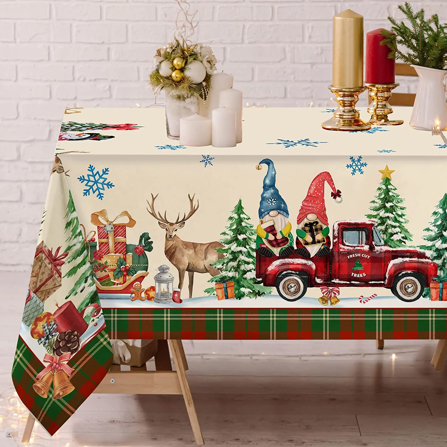 Christmas Gnome Snowman Truck Washable Vintage Ornament Table Cover for Picnic Party Outdoor Dinner Restaurant Table Cloth