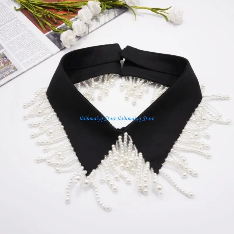 573B Elegant False Collar With Pearls Beaded Fringed Trim Decorative Collar Neckpiece