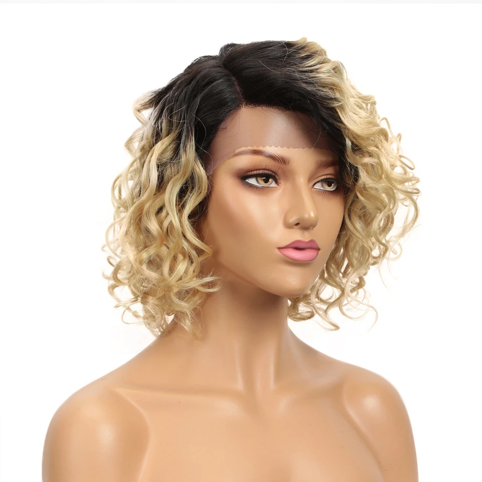 Lekker Blonde Short Wavy Bob HD Part Lace Front Human Hair Wig For Women Brazilian Remy Hair Ombre Colored Glueless Curly Wigs