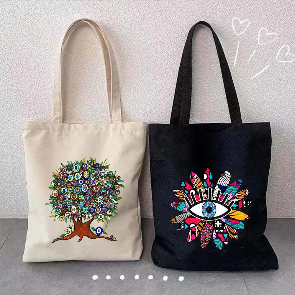 Graffiti Greek Evil Eye Printed Canvas Bag Single Shoulder Bag Folding Bag Handheld Shopping Bag