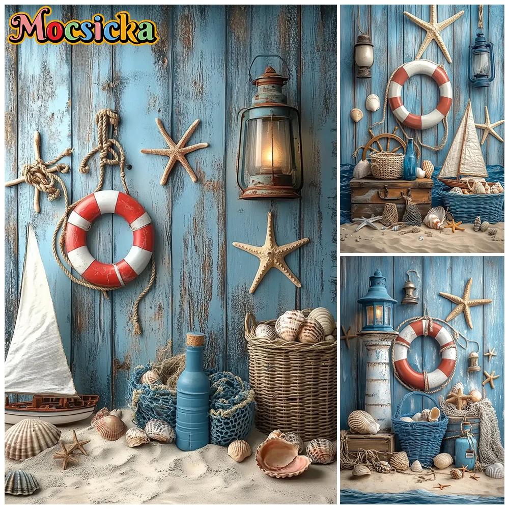 Mocsicka Nautical Coastal Photography Backdrop Blue Wood Wall Lifebuoy Starfish Background Beach Sand Summer Photo Studio Props