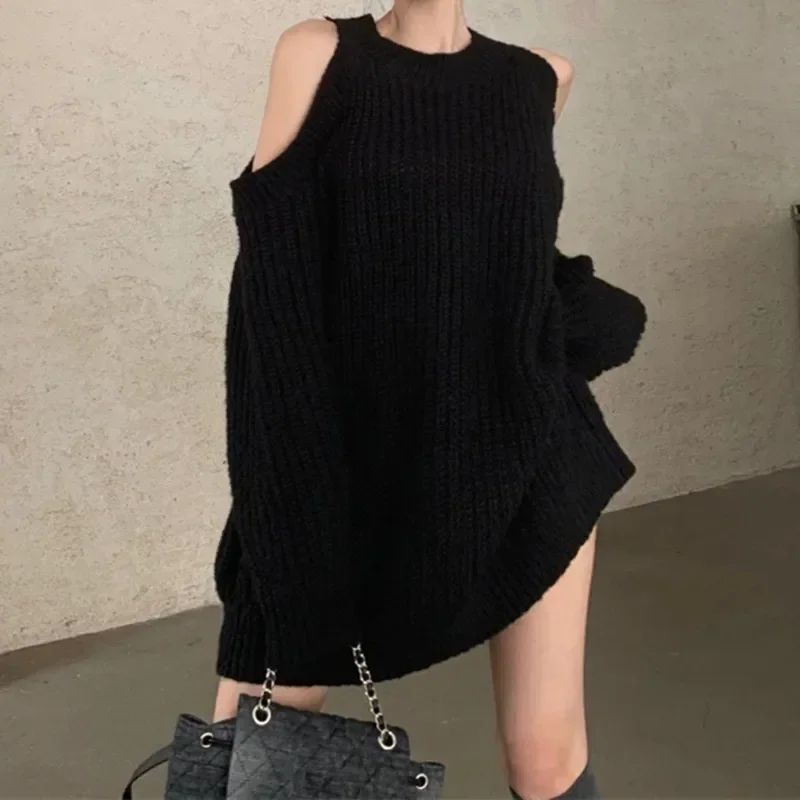 Women Halter Solid Thick Knitted Tops Splice Full Sleeve Mid Length Pullovers Regular Hollow Out Loose Sweaters Autumn Winter