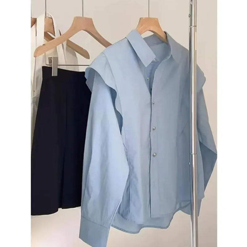 

Korean Style Loose Blue Long-sleeved POLO Collar Shirt 2025 Spring New Style Chic Top