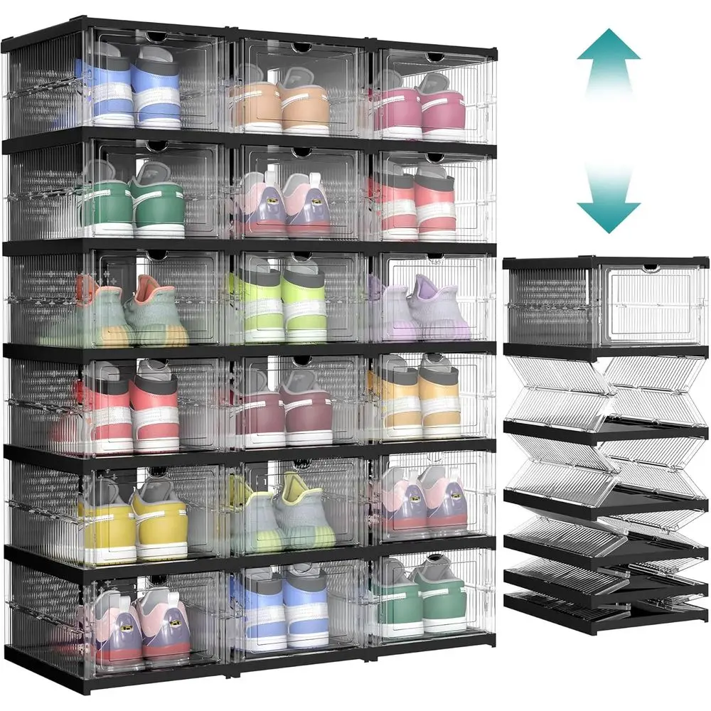 Stackable Shoe Storage Boxes, Set of 3, Portable Organizers, Fits US Size 13, Quick Assembly, Transparent and Black ULSP207B01