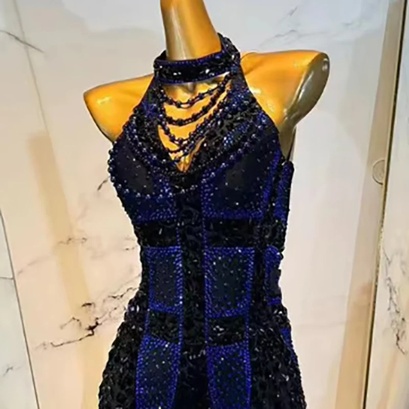 

Женское высококачественное платье для латинских танцев на заказ, темно-синее платье с бриллиантами, костюм для выступлений самбы, гимнастики, платье со стразами