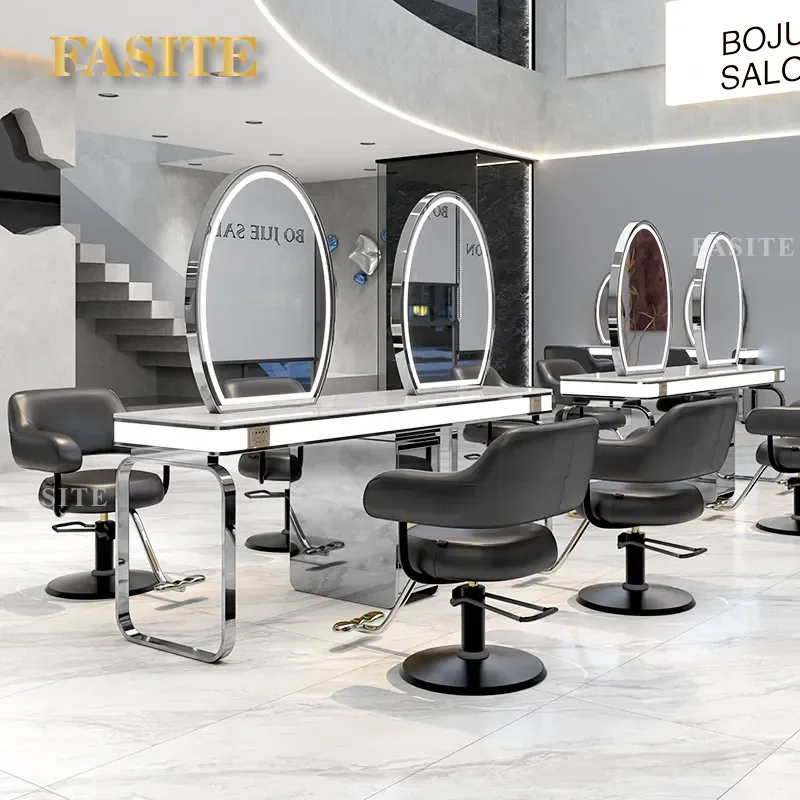 For Hair Double Sided Mirror Table with Cabinet and Lamp Barber Shop Perm Dye Cut Station Furniture Styling Workbench