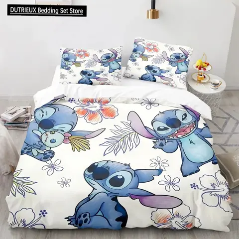Kids Bedding Set Kawaii Stitch Cartoon Duvet Cover Anime Stitch Angel Pillowcase Kids Comfortable Bed Set Full Twin Queen King