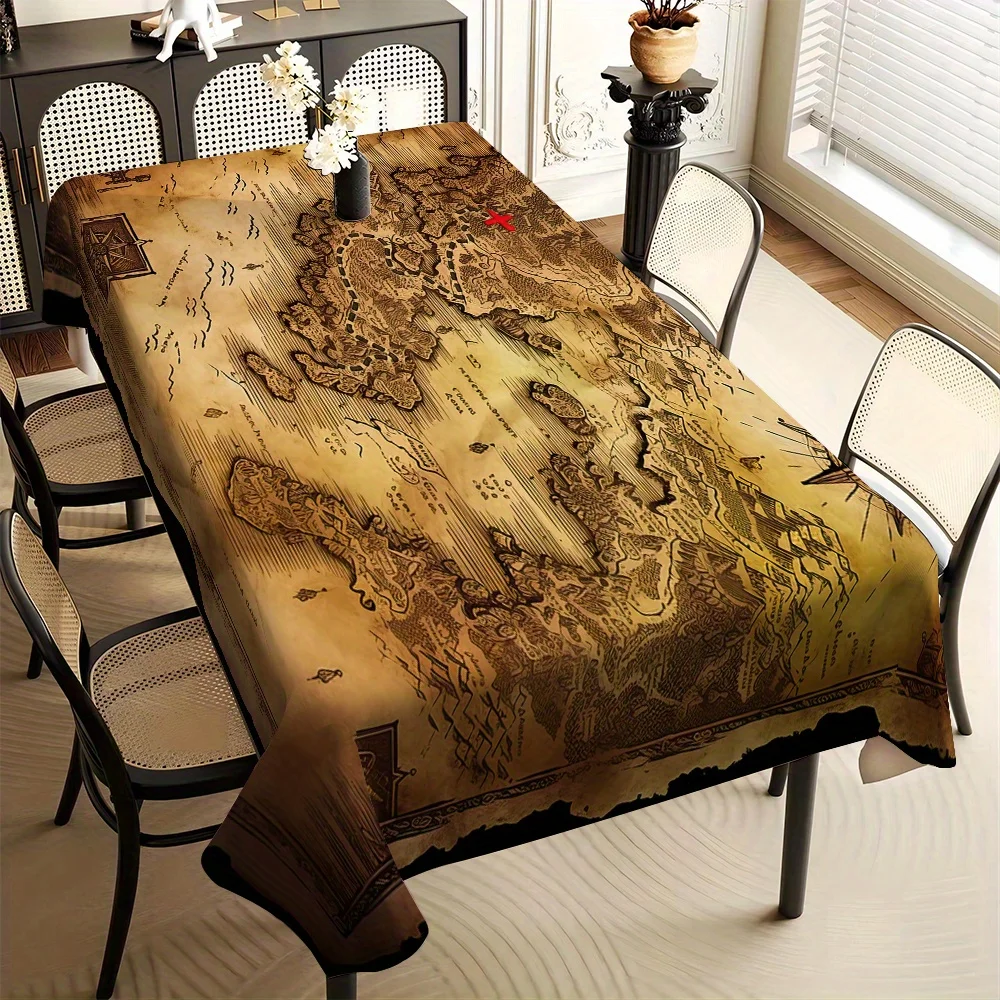 Antique Map Tablecloth, Retro Yellow Parchment Background With Treasure Map Pattern,Waterproof Table Cover for Party & Daily Use