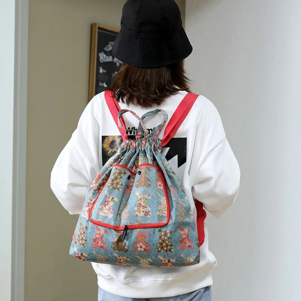 Simple Lightweight Drawstring Bag Animal Flower Shopping Bag Nylon Multifunctional Folded Backpack Travel