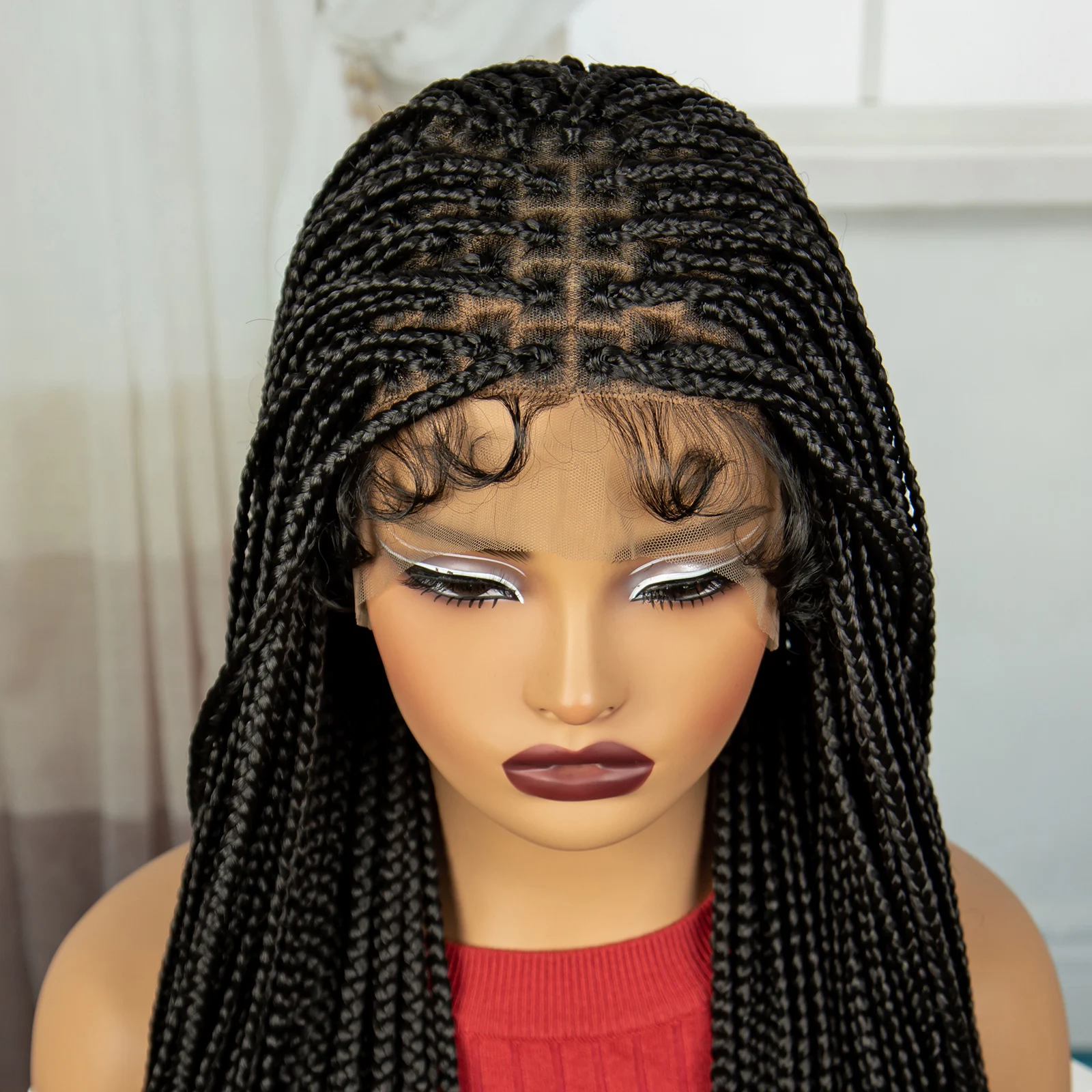 Full Lace Knotless Box Braided Wigs with Curly Ends 38 Inches Synthetic Boho Braided Lace Wigs with Baby Hair For Black Women