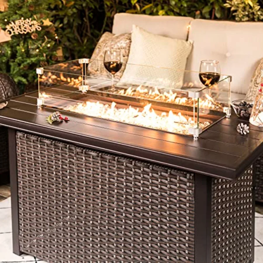 Outdoor 43-inch propane fire pit table with PE rattan-weaved steel frame, black finish, 50, 000 BTU output, waterproof Oxford c