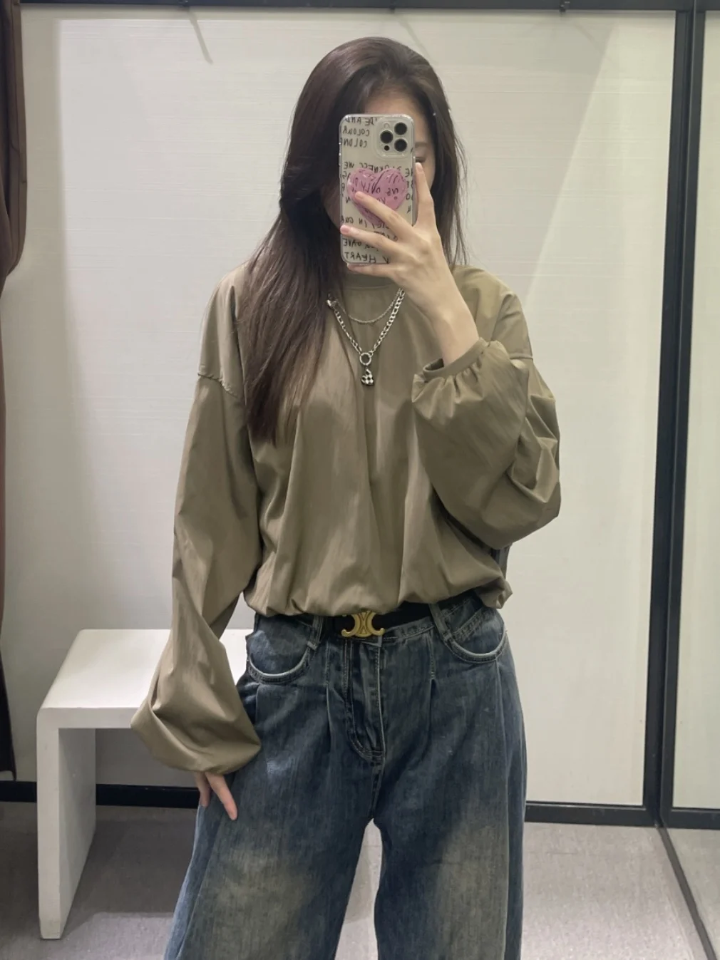 

WMXZ round Ne ort Puffy Top Zipper Decorated Ribbed Pure Color Autumn 2023 Ladies' Commute Sle Warm Loose Fit Jaet