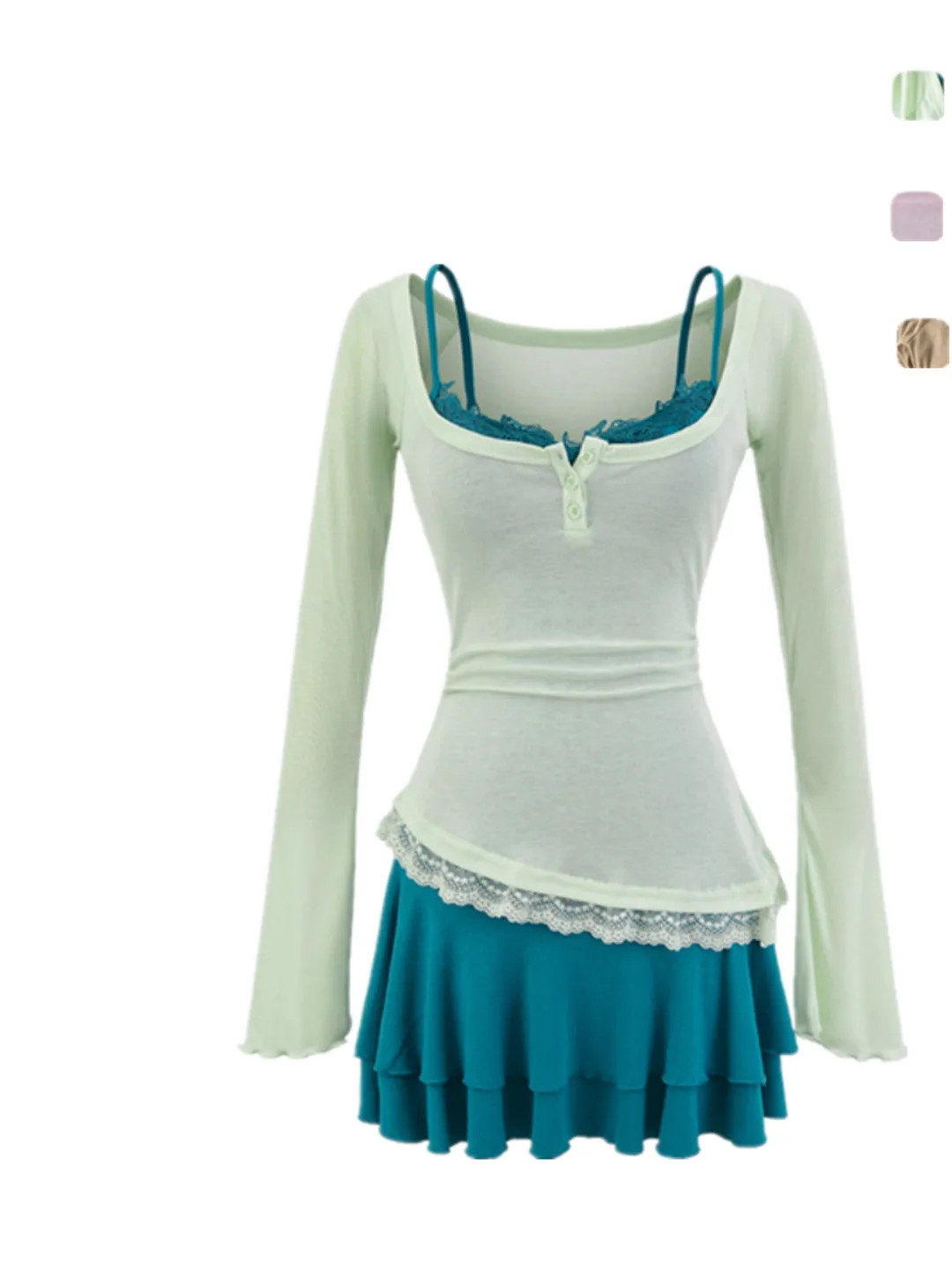 

Pure Desire Wind Pleated Long Sve Lace Waist Design Cake ter Dr Sexy Girl Summer Vaion ort Skirt Two Piece Set