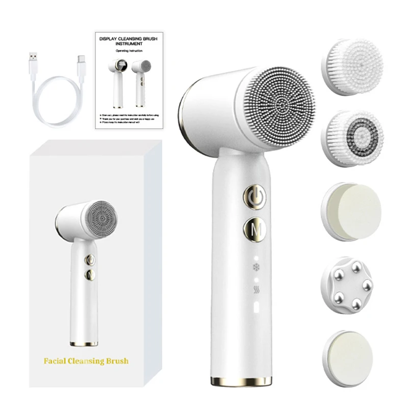 6 In 1 Hot Cold Electric Facial Cleansing Brush Waterproof Deep Pore Exfoliating Face Massager Oil Control Skin Rejuvenation