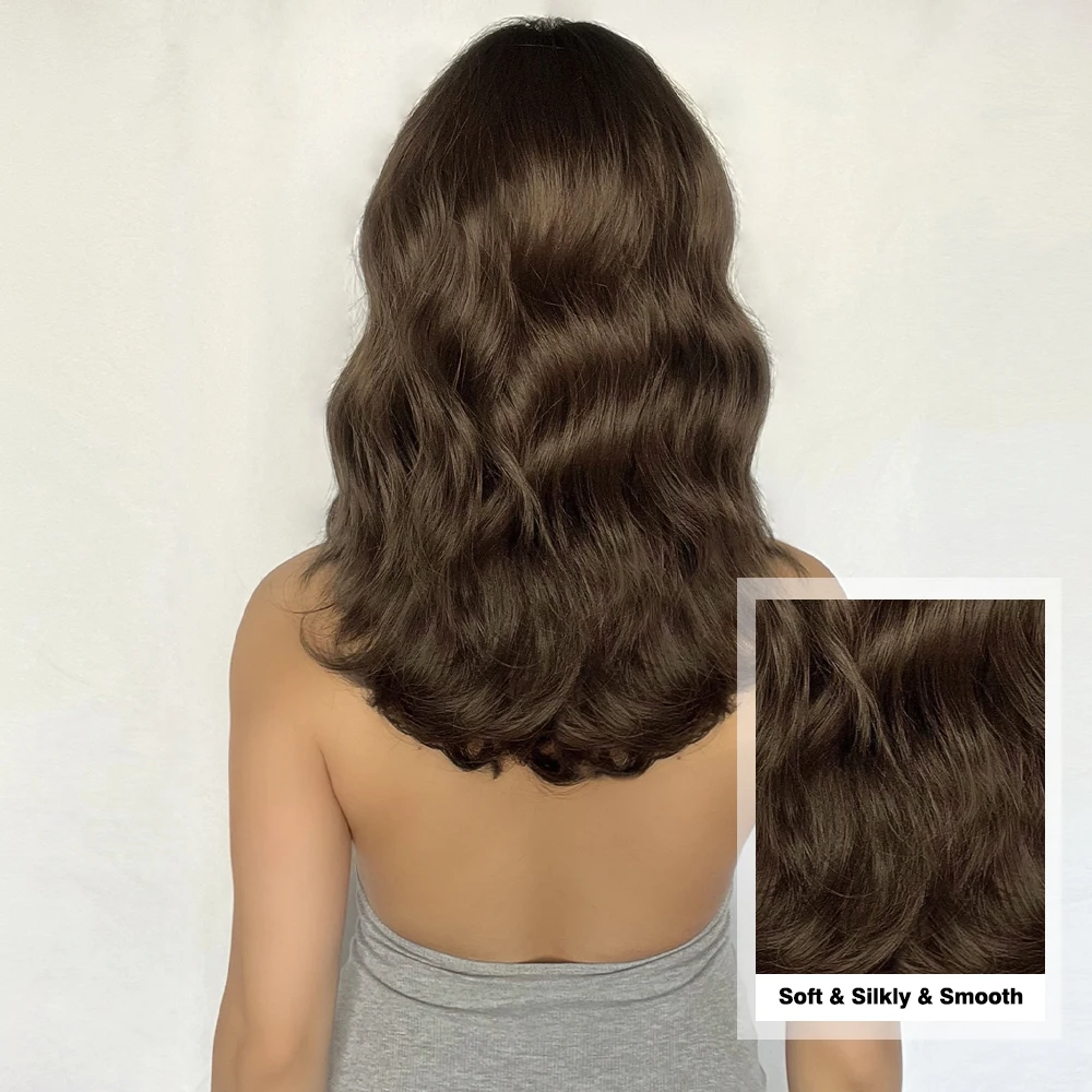Short Wavy Synthetic Wigs Dark Brown Medium Length Silky Wig With Bangs For Daily Cosplay Natural Hair Wig Heat Resistant Fiber