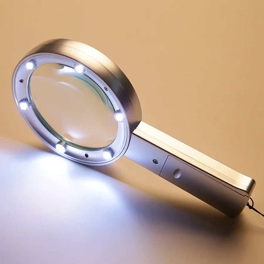 Lupa de lente de alta definición 2.5X de 70mm, lupa de mano con 6 luces LED