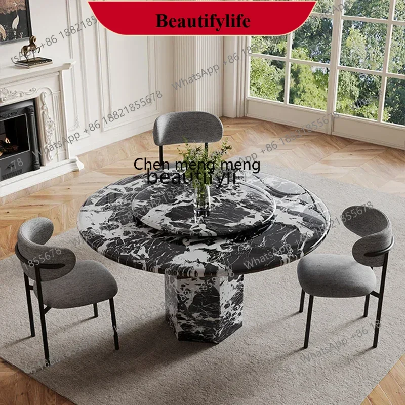 D178   French retro simple round marble dining table and chair combination with turntable household dining table