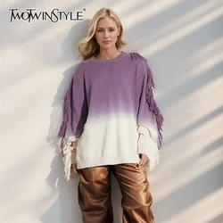 TWOTWINSTYLE Loose Casual Gradient Sweaters For Women Round Neck Long Sleeve Spliced Tassel Warm Sweater Female Fashion Clothing