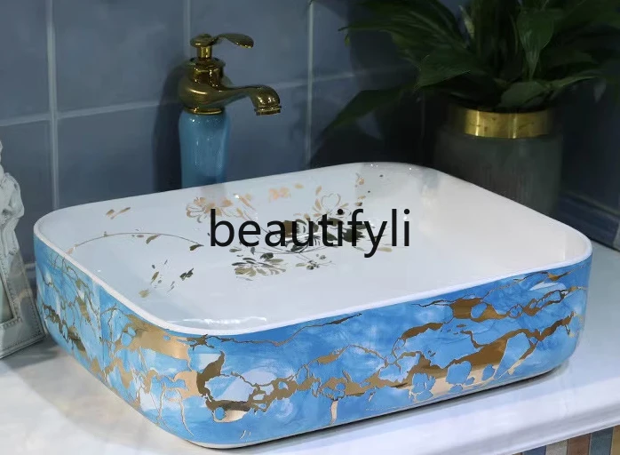 European bathroom ceramic washbasin blue art table basin square creative new Chinese table