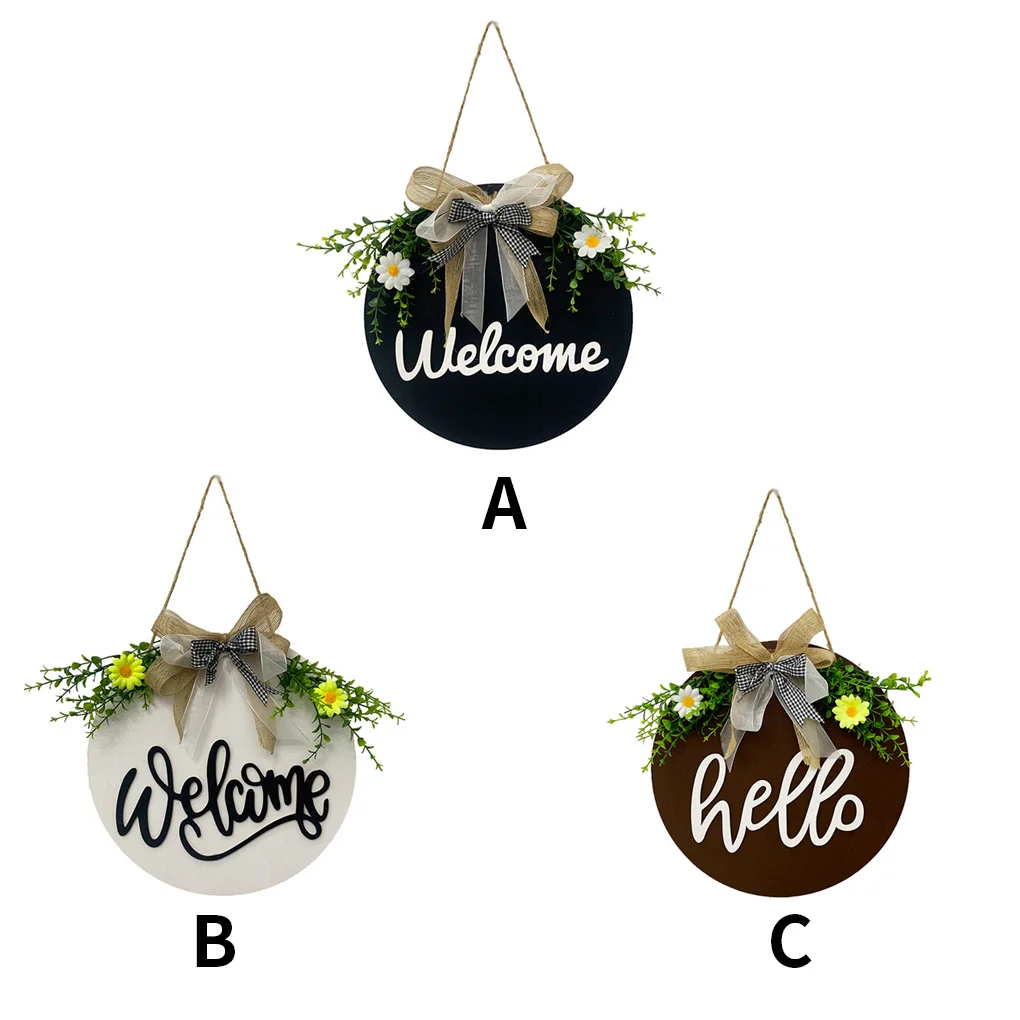 Wooden Welcome Sign with Bowknot Ribbon Front Door Porch Gate Hanging Round Plaque Board  White Ribbon