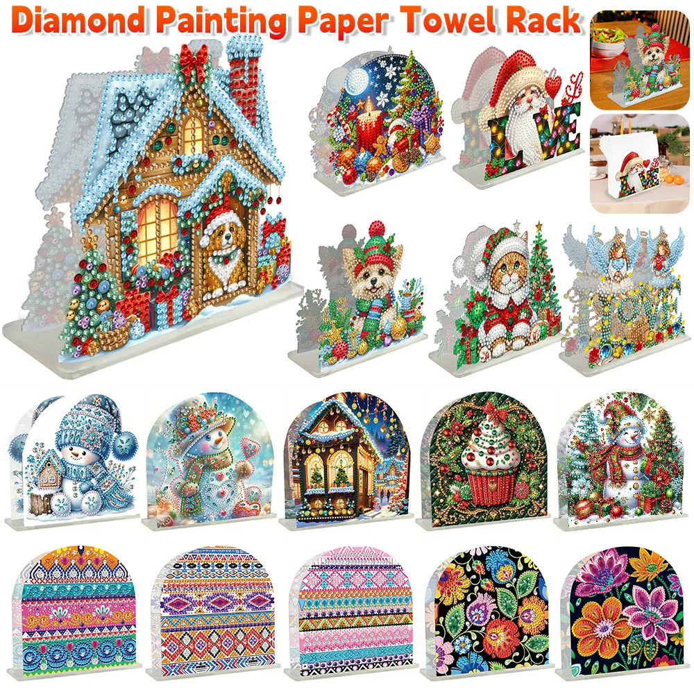 DIY 5D Diamond Painting Napkin Holder Double Sided Christmas Diamond Painting Tabletop Paper Towel Holder Christmas Decorations