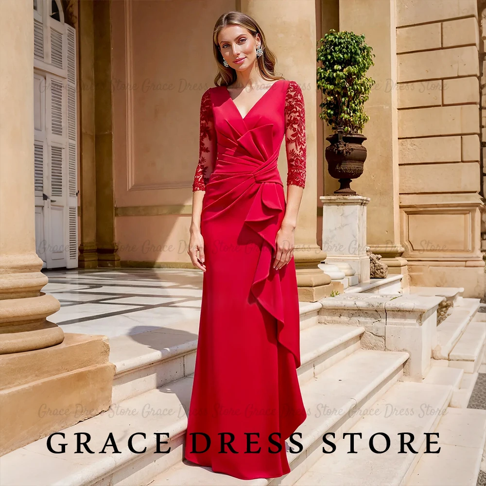 Robe de demoiselle d'honneur Grace pour femme, col en V, manches 3/4 en dentelle, froncée, à volants, personnalisable