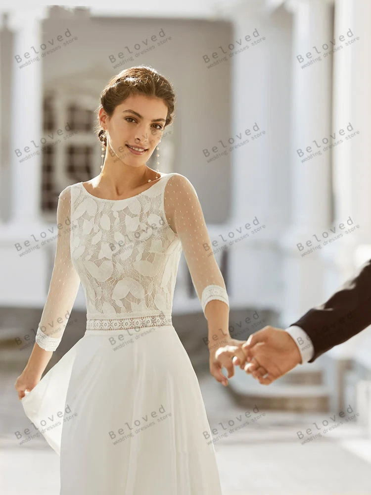 Robe de mariée trapèze bohème, robes en mousseline de soie, robes à col rond, appliques en dentelle, manches trois quarts, 2024