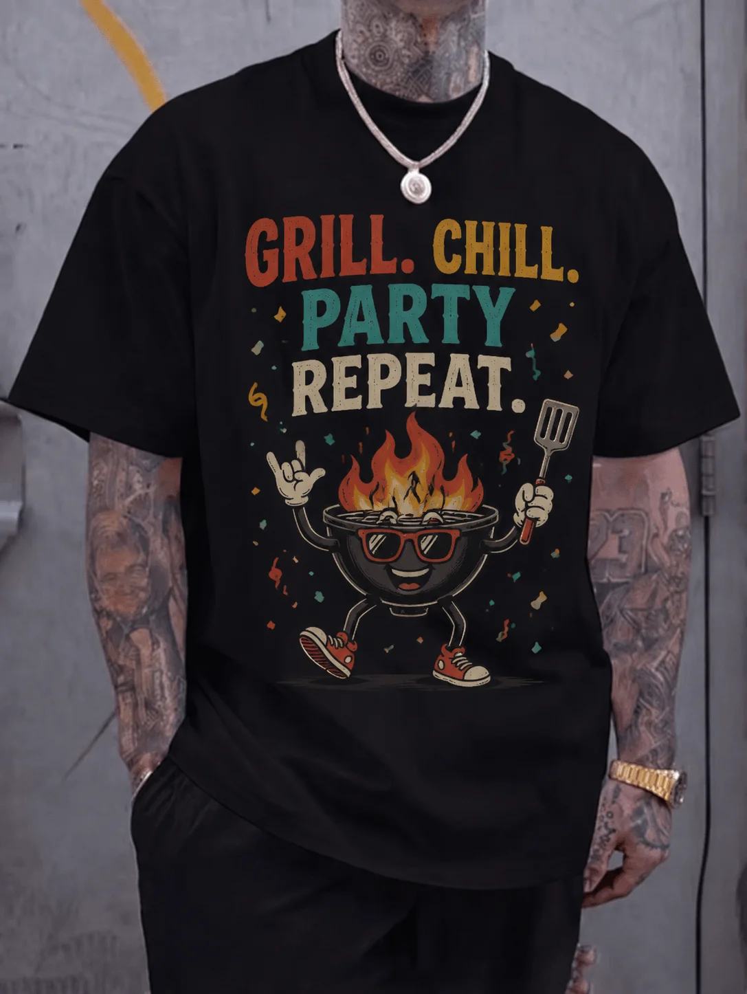 

Men Graphic t Shirt Short Sleeve Loose Fit 50 Percent Cotton 50 Percent Polyester Stretch Fabric Grill Party Print Casual
