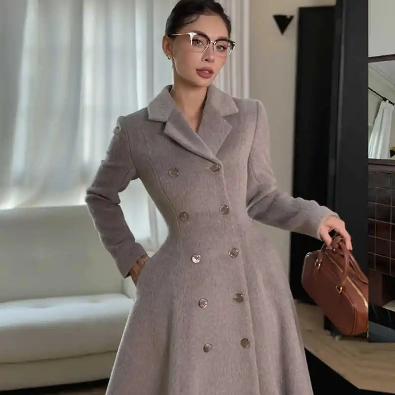 إنجلترا نمط المرأة معطف كشكش شيك مزدوجة الصدر معطف فستان الخريف الشتاء الدافئة مناسبة رسمية حفلة مخصصة #3