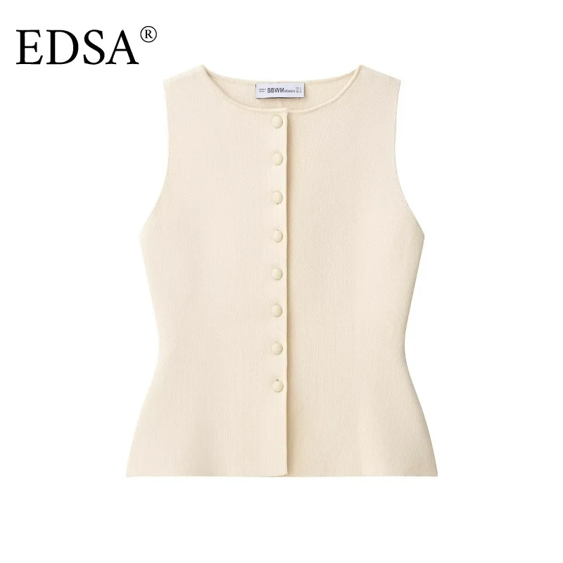 

EDSA женский вязаный жилет на пуговицах, однобортный жилет без рукавов с круглым вырезом, майка, женские весенне-осенние топы