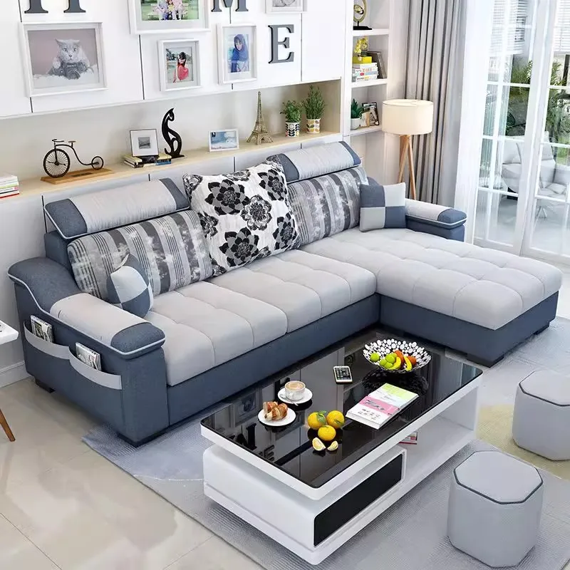 Nordic Style Three-Four Seat L-Shape Sofa Foot Pedal Combination with Sponge Filling for Home Furniture for Apartments
