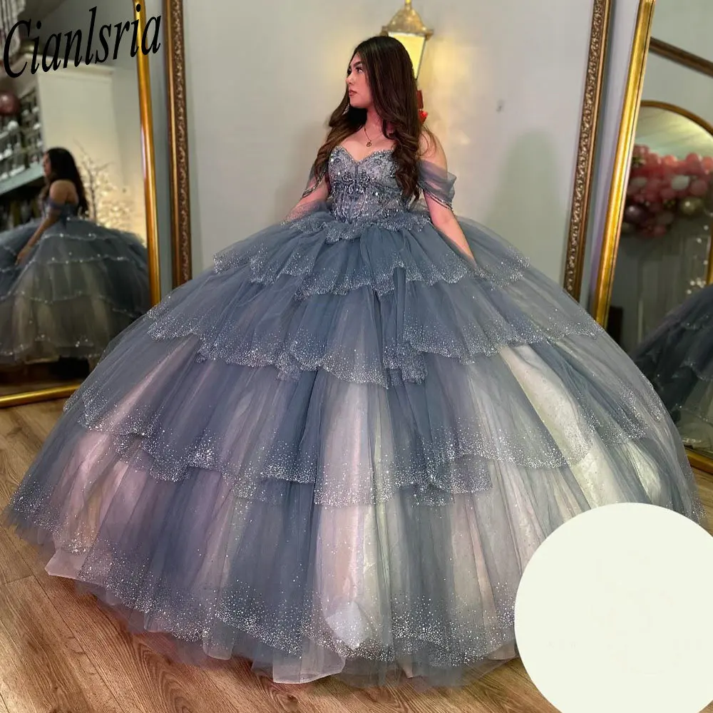 

Smoke Blue Glitter Crystal Beading Ball Gown Quinceanera Dress Off The Shoulder Ruffles Corset Vestidos De XV Años