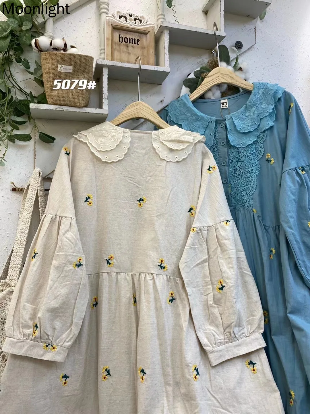 Lace Patchwork Peter Pan Collar Kawaii Dress Japanese Mori Girl Floral Embroidery Long Sleeve Dress Cotton Linen Loose Vestidos