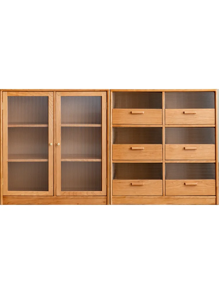 

Nordic solid wood bookcase, home creative glass door drawer low cabinet